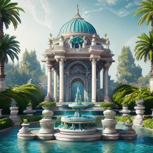 9677578610-Ethereal gardens of marble built in a shining teal river in future city, gorgeous ornate multi-tiered fountain, futuristic, intr.webp